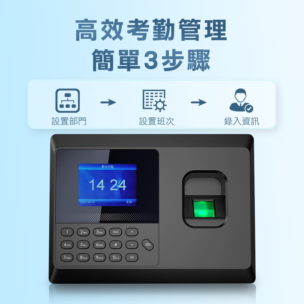 高效考勤管理簡單3步驟設置部門設置班次錄入資訊歡迎光臨14 24星期一12ABCESC#7 MENU