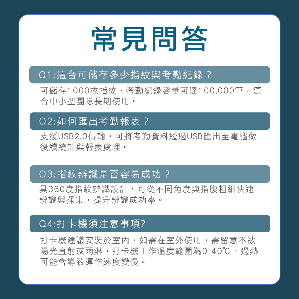 常見問答Q1:這台可儲存多少指紋與考勤紀錄?可儲存1000枚指紋,考勤紀錄容量可達100,000筆,適合中小型團隊長期使用。Q2:如何匯出考勤報表?支援USB2.0傳輸,可將考勤資料透過USB匯出至電腦做後續統計與報表處理。Q3:指紋辨識是否容易成功?具360度指紋辨識設計,可從不同角度與指腹粗細快速辨識與採集,提升辨識成功率。Q4:打卡機須注意事項?打卡機建議安裝於室內,如需在室外使用,需留意不被陽光直射或雨淋,打卡機工作溫度範圍為0-40℃,過熱可能會導致運作速度變慢。