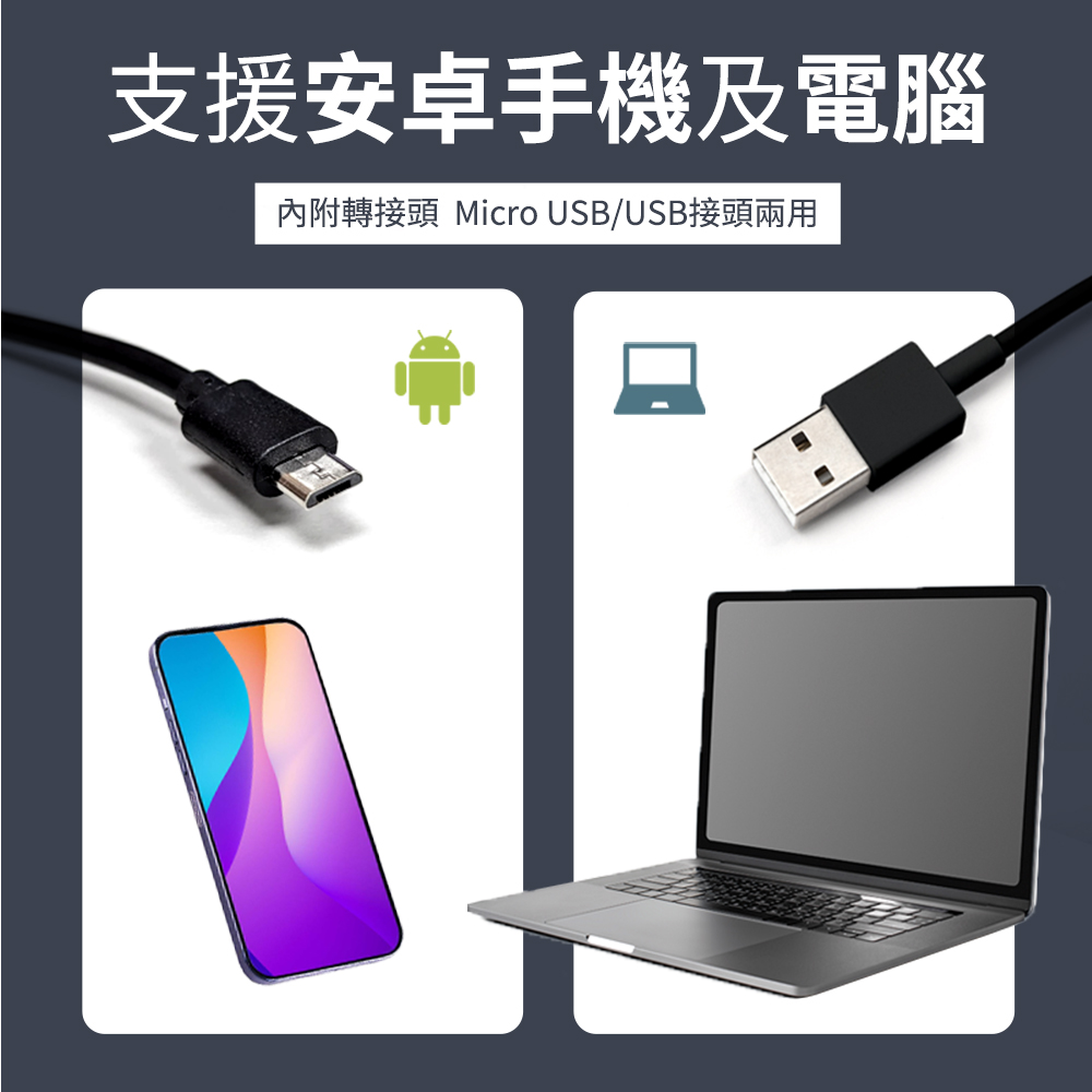 支援安卓手機及電腦內附轉接頭 Micro USB/USB接頭兩用