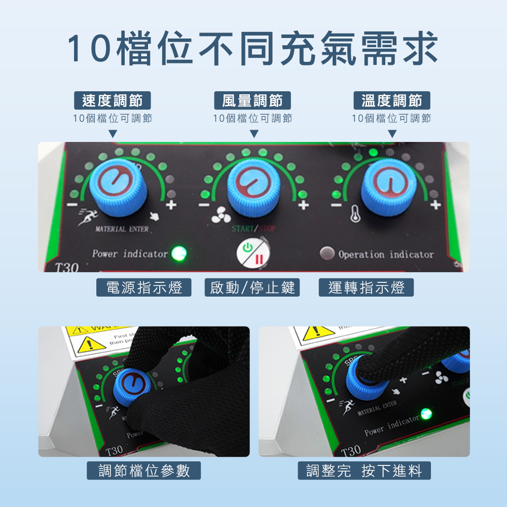 10檔位不同充氣需求速度調節風量調節溫度調節10個檔位可調節10個檔位可調節10個檔位可調節MATERIAL ENTERSTART/STOPPower indicatorOperation indicatorT30電源指示燈啟動/停止鍵運轉指示燈 SPPowerT30調節檔位參數T30MATERIAL ENTERPower indicator調整完 按下進料