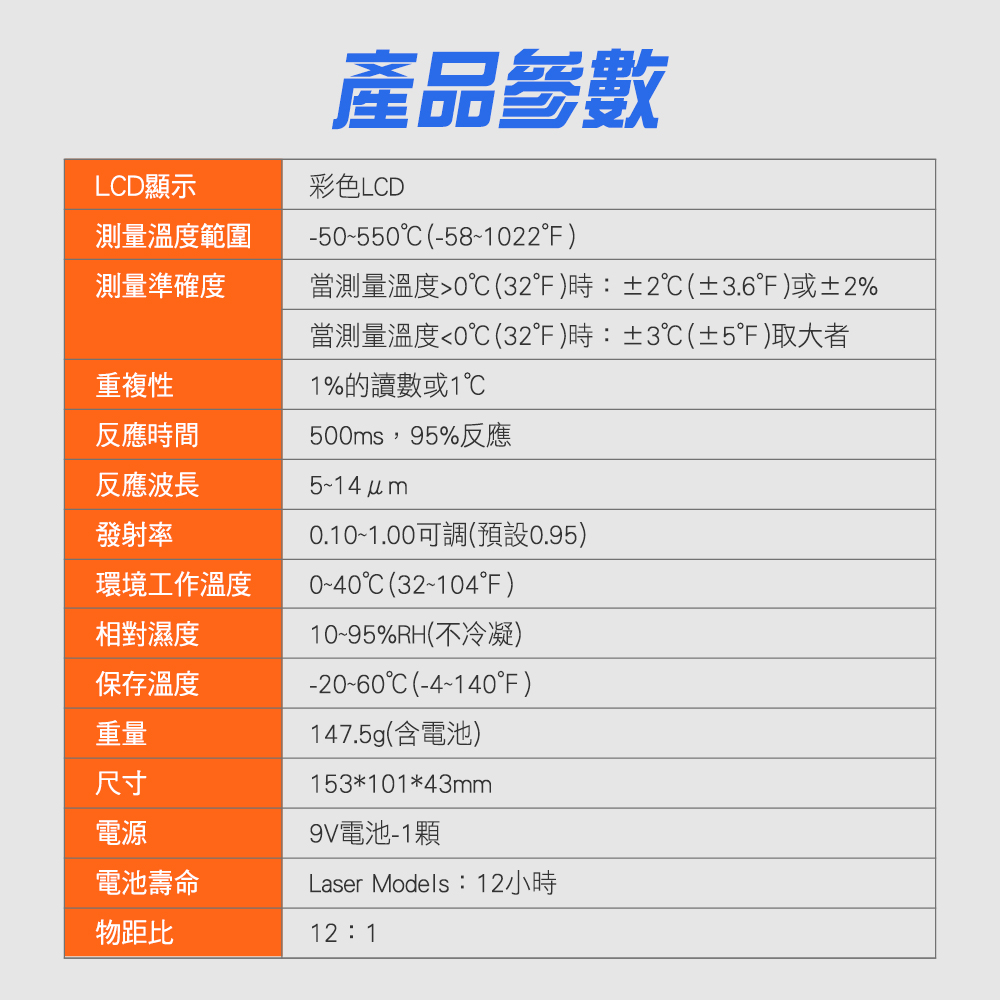 產品參數彩色LD-50-550 (-58-1022)當測量溫度0(32)時:±2(±3.6F)或±2%當測量溫度0(32F)時:±3(±5F)大者LCD顯示測量溫度範圍測量準確度重複性反應時間500ms,95%反應1%的讀數或1℃反應波長發射率環境工作溫度相對濕度保存溫度重量5~0.10~1.00可調()C (32-104F)10~95%RH(不冷凝)-20~60℃ (-4~140°F)147.5g(含電池)尺寸電源電池壽命物距比153*101*43mm9V電池-1顆Laser Models:12小時121