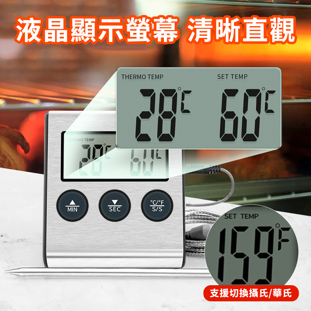 液晶顯示螢幕 清晰直觀THERMO TEMPSET TEMPTHERMO TEMP C°MINSECS/SSET TEMP 支援切換攝氏/華氏