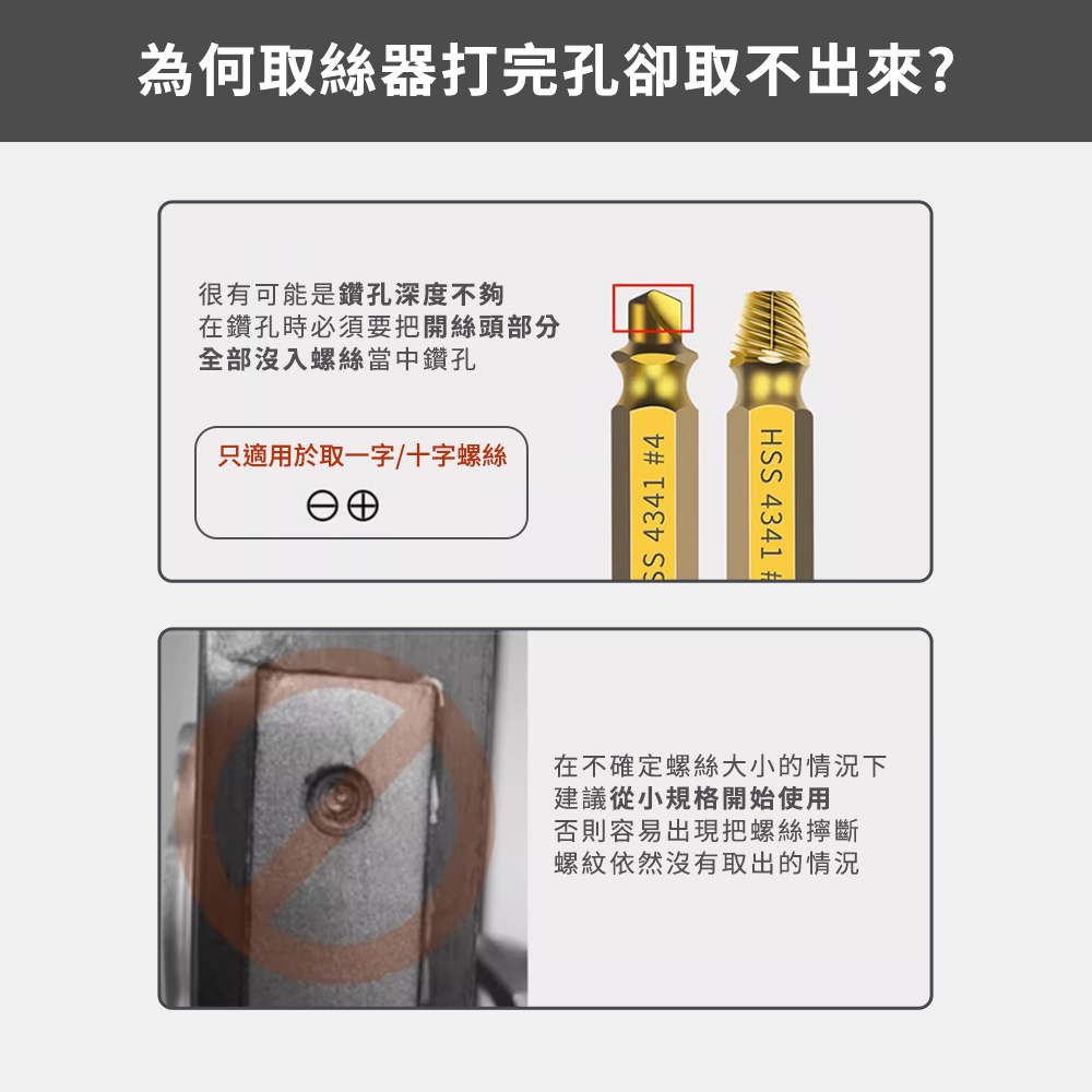 為何取絲器打完孔卻取不出來?很有可能是鑽孔深度不夠在鑽孔時必須要把開絲頭部分全部沒入螺絲當中鑽孔只適用於取一字/十字螺絲ӨӨ 4341 #4HSS 4341在不確定螺絲大小的情況下建議從小規格開始使用否則容易出現把螺絲擰斷螺紋依然沒有取出的情況