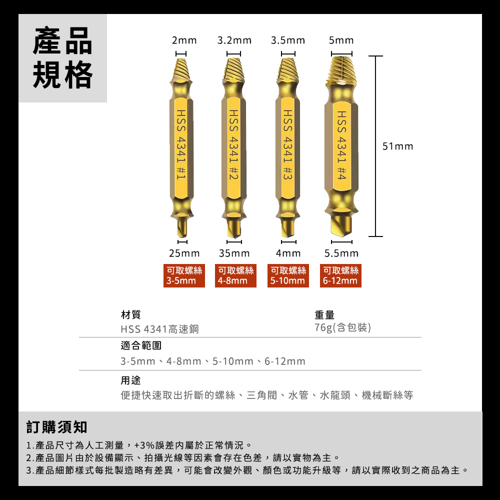 產品2mm3.2mm3.5mm5mm規格I 4341 #1SS 4341 #2HSS 4341 #3HSS 4341 #451mmH25mm35mmH4mm5.5mm可取螺絲3-5mm可取螺絲4-8mm可取螺絲5-10mm可取螺絲6-12mm重量76g(含包裝)材質HSS 4341高速鋼適合範圍3-5mm、4-8mm、5-10mm、6-12mm用途便捷快速取出折斷的螺絲、三角閥、水管、水龍頭、機械斷絲等訂購須知1. 產品尺寸為人工測量,+3%誤差屬於正常情況。2.產品圖片由於設備顯示、拍攝光線等因素會存在色差,請以實物為主。3. 產品細節樣式每批製造略有差異,可能會改變外觀、顏色或功能升級等,請以實際收到之商品為主。