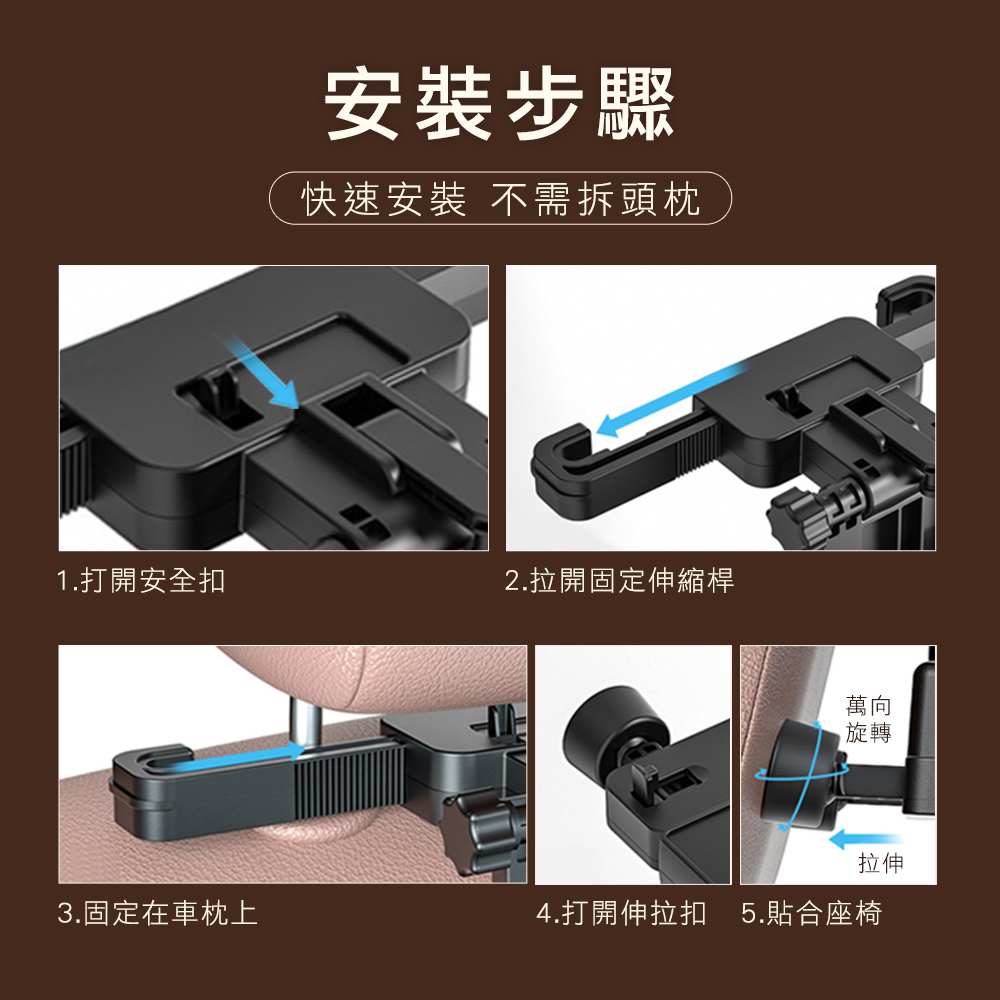 安裝步驟快速安裝 不需拆頭枕1.打開安全扣2.拉開固定伸縮桿3.固定在車枕上萬向旋轉拉伸4.打開伸拉扣 5.貼合座椅