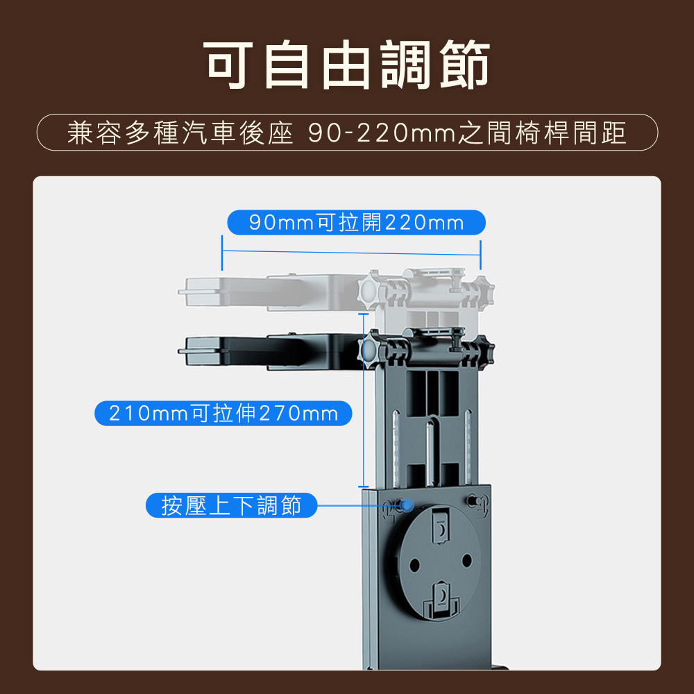 可自由調節兼容多種汽車後座 90-220mm之間椅桿間距90mm可拉開220mm210mm可拉伸270mm按壓上下調節