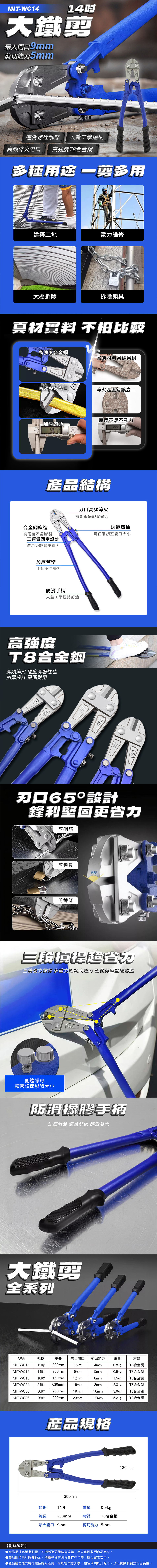 MIT-WC1414大鐵剪最大開口9mm剪斷能力5mm刀頭高頻刃口經過高頻焠火處理,硬度高韌性好,剪切能力強連臂螺栓調節工體學設計手柄,使用方便合金鋼精工鍛造鉗頭採用優質合金鋼鍛造而成,硬度高,韌性好 手柄握感舒適符合人體工程學設計的塑膠手柄,握感舒適產品參數型號規格總長最大開口 剪切能力重量材質MIT-WC12MIT-WC14 14 350mm12300mm7mm4mm0.8kgT8合金鋼9mmMIT-WC18 18 450mm12mmMIT-WC24 24 600mm16mm5mm6mm8mm0.9kgT8合金鋼1.5kg T8合金鋼2.3kgT8合金鋼MIT-WC30 30 750mmMIT-WC36 36吋 900mmMIT-WC42 42吋MIT-WC4819mm10mm3.9kgT8合金鋼23mm12mm5.2kgT8合金鋼1050mm25mm14mm8kg T8合金鋼48吋1200mm25mm16mm8.8kgT8合金鋼注:以上尺寸均為手工測量,與實物可能會有些微誤差,請以實物為主!350mm產品包裝14吋大鐵剪 130mm