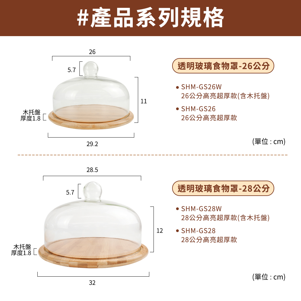 木托盤厚度1.8木托盤厚度1.85.75.7#產品系列規格2629.211透明玻璃食物罩-26公分 SHM-GS26W26公分高亮超厚款(含木托盤) SHM-GS2626公分高亮超厚款(單位:cm)28.512透明玻璃食物罩-28公分 SHM-GS28W28公分高亮超厚款(含木托盤) SHM-GS2828公分高亮超厚款32(單位:cm)