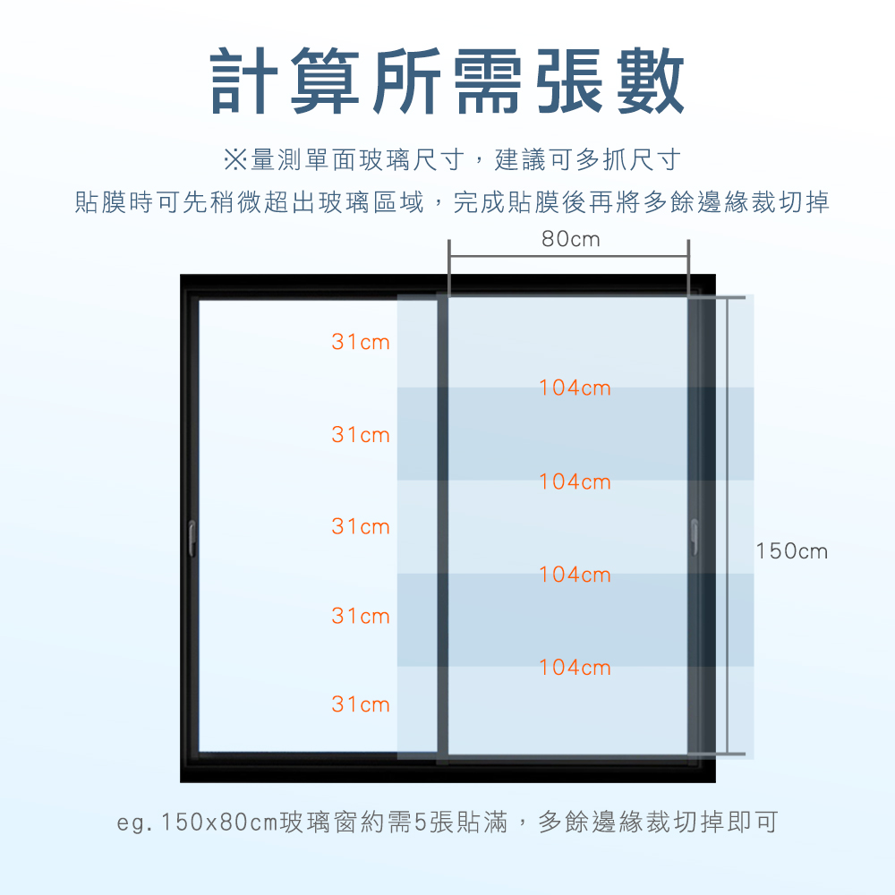 計算所需張數※量測單面玻璃尺寸,建議可多抓尺寸貼膜時可先稍微超出玻璃區域,完成貼膜後再將多餘邊緣裁切掉80cm31cm104cm31cm104cm31cm150cm104cm31cm104cm31cmeg.150x80cm玻璃窗約需5張貼滿,多餘邊緣裁切掉即可