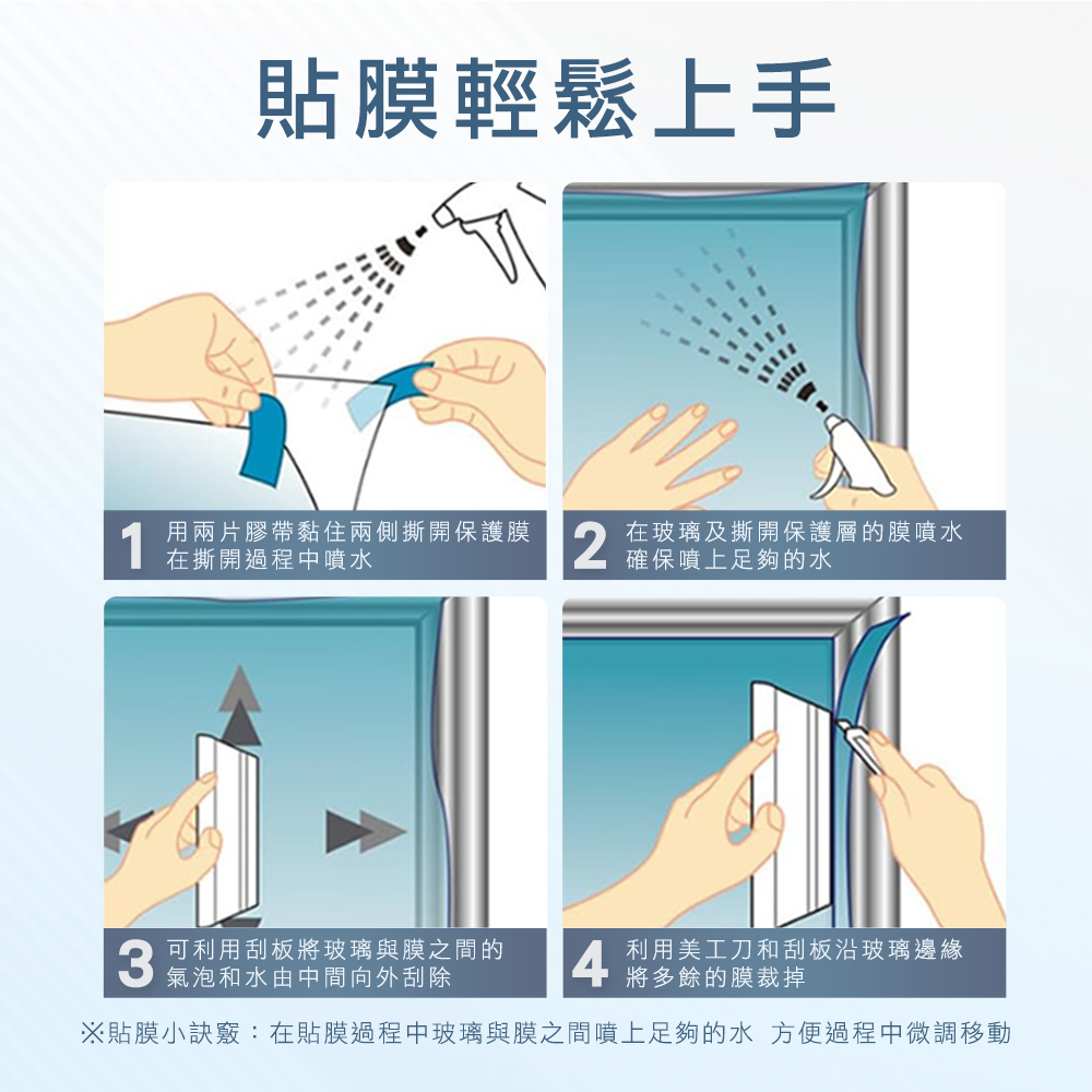 貼膜輕鬆上手1用兩片膠帶黏住兩側撕開保護膜在撕開過程中噴水2在玻璃及撕開保護層的膜噴水確保噴上足夠的水3可利用刮板將玻璃與膜之間的氣泡和水由中間向外刮除4利用美工刀和刮板沿玻璃邊緣將多餘的膜裁掉※貼膜小訣竅:在貼膜過程中玻璃與膜之間噴上足夠的水 方便過程中微調移動