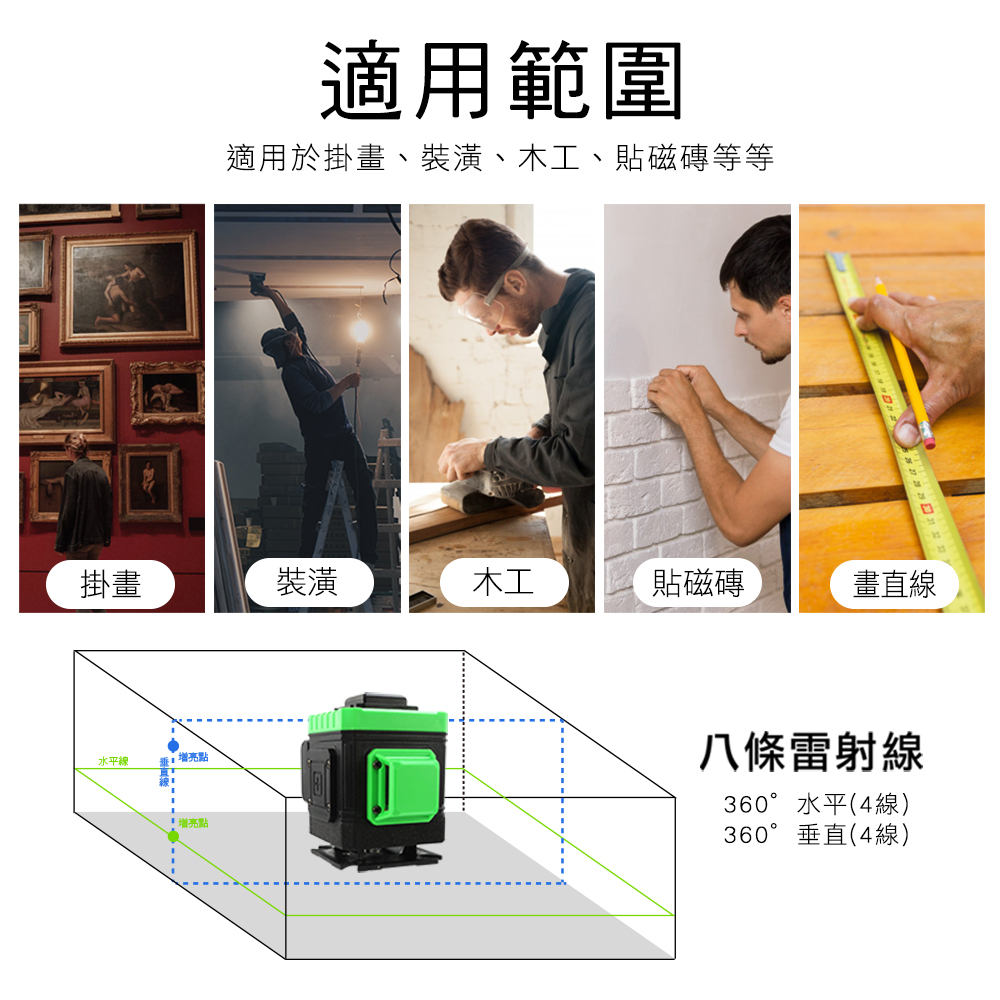 適用範圍適用於掛畫、裝潢、、貼磁磚等等掛畫裝潢木工貼磁磚畫直線水平線 亮點•增亮點八條雷射線360°水平(4線)360°垂直(4線)