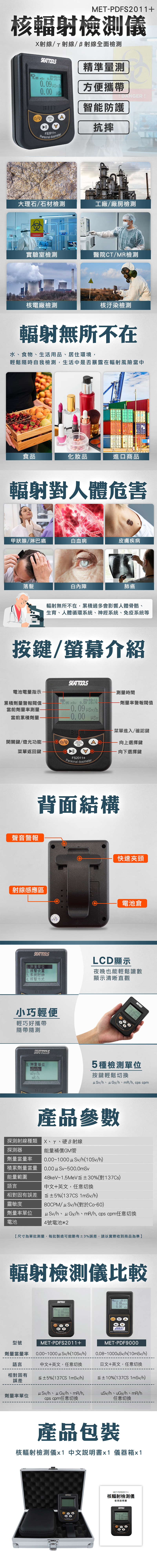 METPDF201+核輻射檢測儀射線射線B射線全面檢測精準量測 方便攜帶0.00  DNGER BUT智能防護MENUMENUOKFS2011+Personal dosimeterA抗摔大理石石材檢測工廠廠房檢測! DANGER!實驗室檢測醫院CTMR檢測核電廠檢測核汙染檢測輻射無所不在水食物生活用品居住環境,輕鬆隨時自我檢測,生活中是否暴露在輻射風險當中食品化妝品進口商品輻射對人體危害甲狀腺淋巴癌白血病皮膚疾病落髮白內障肺癌輻射無所不在,累積過多會影響人體骨骼生育人體循環系統神經系統免疫系統等按鍵/螢幕介紹電池電量指示--測量時間累積劑量警報   /-劑量率警報閥值當前劑量率測量當前累積劑量-0.09 /0.00 -菜單進入/確認鍵開關鍵/燈光功能-MENUA- 向上選擇鍵OK菜單返回鍵向下選擇鍵FS2011+Peraonal dosimeter背面結構聲音警報快速夾頭射線感應區電池倉SEATTOOLS1.测量单位2. 报警设置 系统时钟 报警方式小巧輕便輕巧好攜帶隨帶隨測1 1.测量单位///BLITLCD顯示夜晚也能輕鬆讀數顯示清晰直觀SEAT TOOLS5種檢測單位按鍵輕鬆切換/、Gy/、mR/h, 產品參數探測射線種類 X、、硬B射線能量補償GM管0.00~1000  Sv/h(/h)0.00  Sv~500.0msv48ke~1.5MeV≦±30%(對137Cs)探測器劑量當量率積累劑量當量能量範圍語言相對固有誤差靈敏度劑量率單位電池4號電池*2中文+英文,任意切換≦±5%(137CS 1msv/h)80CPM/ u Sv/h(對於Co-60)/h、/h、mR/h,cps cpm任意切換尺寸為單批測量,每批製造可能略有±3%誤差,請以實際收到商品為準輻射檢測儀比較SEATTOOLS /0.00 S/h0.00 AMET-PDFS2011+0.00~1000/h(10Sv/h)SEATBLIT Personal MET-PDF90000.08~1000/h(10mSv/h)型號劑量當量率語言中文+英文,任意切換日文+英文,任意切換相對固有誤差≦±5%(137CS 1msv/h)uSv/h、/h、m/h,≦±10%(137CS 1mSv/h)uSv/h、uGy/h、mR/h劑量率單位cps cpm任意切換任意切換產品包裝核輻射檢測儀 中文說明書x1 儀器箱x1MET-PDFS2011+核輻射檢測儀使用說明書SEATTOOLS0.09 /A0.00V