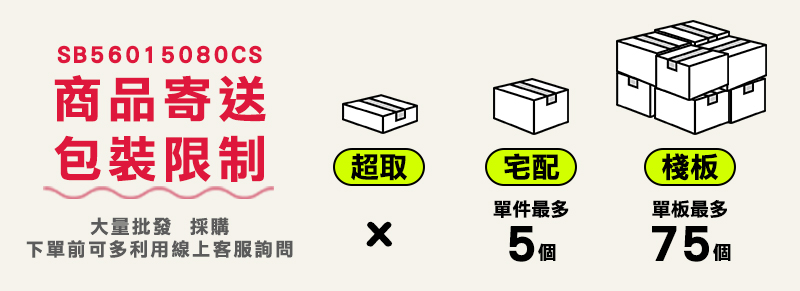 SB56015080CS商品寄送包裝限制大量批發 採購下單前可多利用線上客服詢問超取宅配棧板單件最多單板最多5個