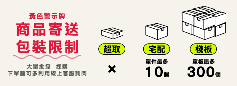 黃色警示牌商品寄送包裝限制超取宅配棧板單件最多單板最多大量批發 採購下單前可多利用線上客服詢問10300